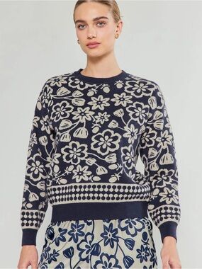 Current Air Knitwear Floral Sweater in Blue Multi